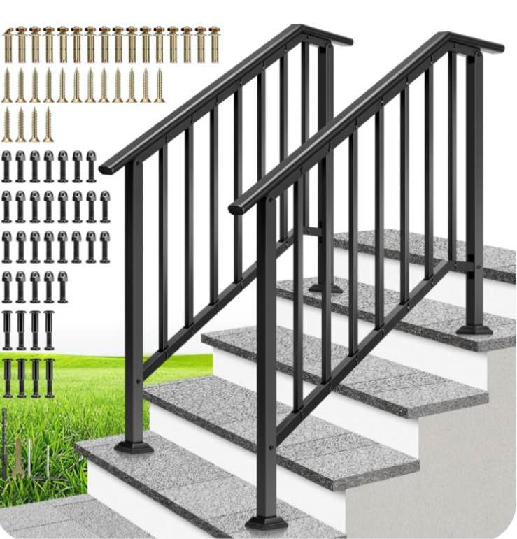 SPECSTAR 2-Pack Galvanized Steel Hand Rails for Outdoor Steps – 40.6" Black Oval and Safety Balusters Exterior Railing Kit for Porch, Deck, or Indoor Stairs (4-Step, Black)