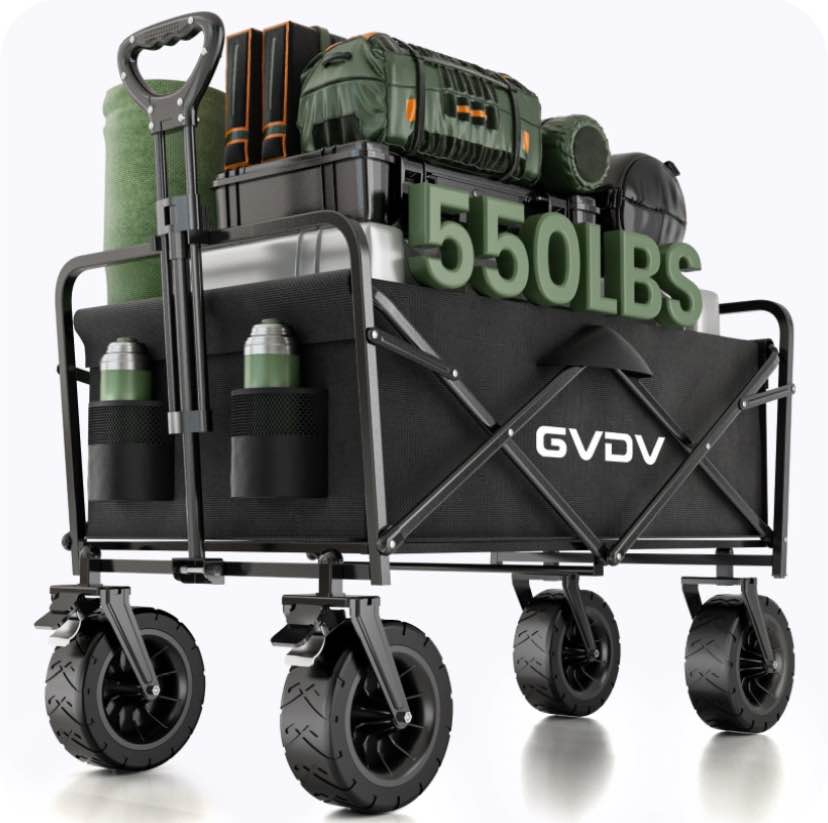 GVDV Collapsible Folding Wagon, 550LBS Large Heavy Duty Utility Cart with All-Terrain Wheels and Adjustable Handles for Shopping, Camping, Sports, Outdoor, Beach, Black
