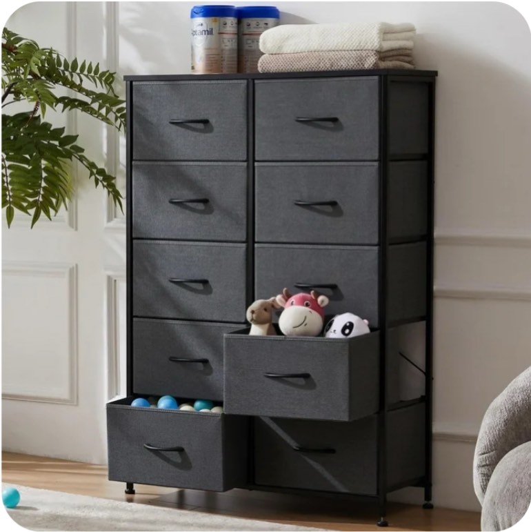 ZUNMOS 10 Drawer Fabric Dresser for Bedroom, Chest of Drawer Organizer Storage Cabinet for Closet, Entryway, Grey