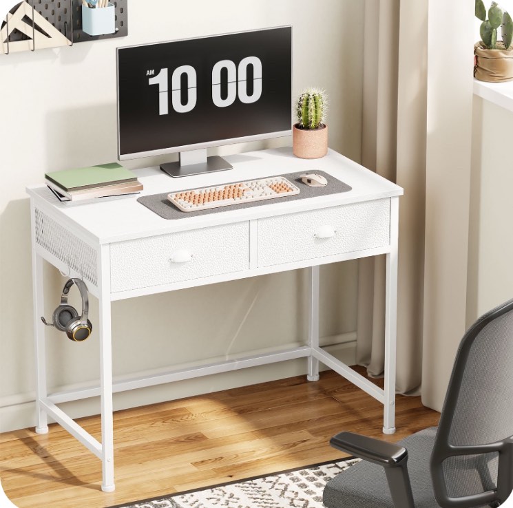 Satifur White Writing Desk with Drawers & Hooks, 34" Computer Desk with 2 Fabric Drawers