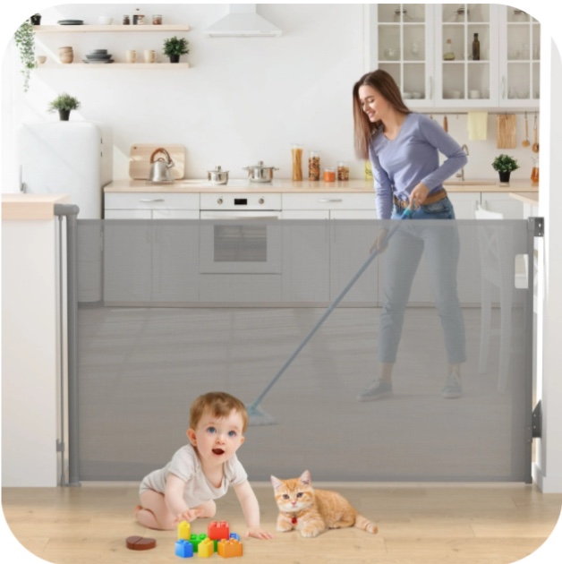 Vomeast Retractable Mesh Baby Gates, Extends up to 71in Wide, 37.4in Tall Safety Dog Gates for Stairs Doorways Hallways(Grey)