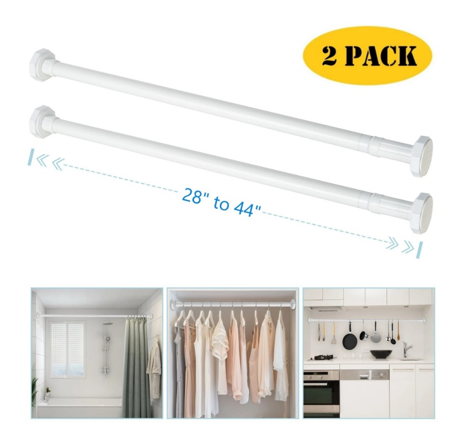 BEAMNOVA 28"-44" Adjustable Tension Curtain Rod, No Drilling Telescopic Tension Rods for Wardrobe Closet Windows Curtains, White (2 Pack)
