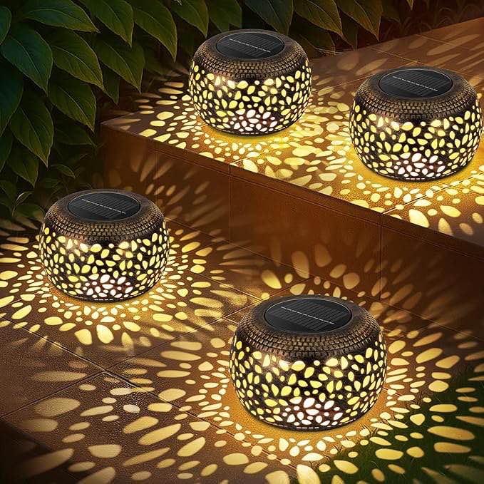 Solar Lantern Outdoor Patio Decor: 4 Pack Solar Lanterns Outdoor Waterproof, Hollow Out Retro Metal Solar Lights, Yard Porch Garden Balcony Indoor Desk Bedroom Tabletop Decorations, 2 Lighting Colors