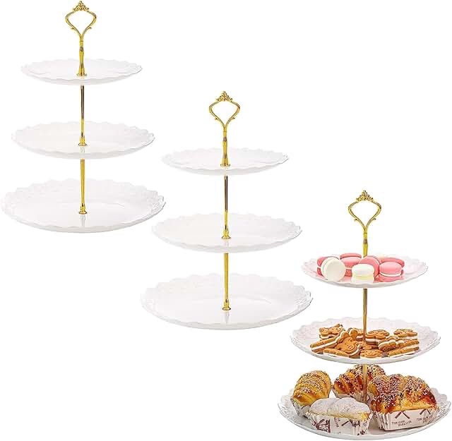 Tosnail 3 Pack 3 Tiers White Plastic Cupcake Stand Dessert Stand Tiered Serving Trays, Embossed Party Serving Trays Fruit Pastry Holders for Wedding and Party - Gold Crown Rod