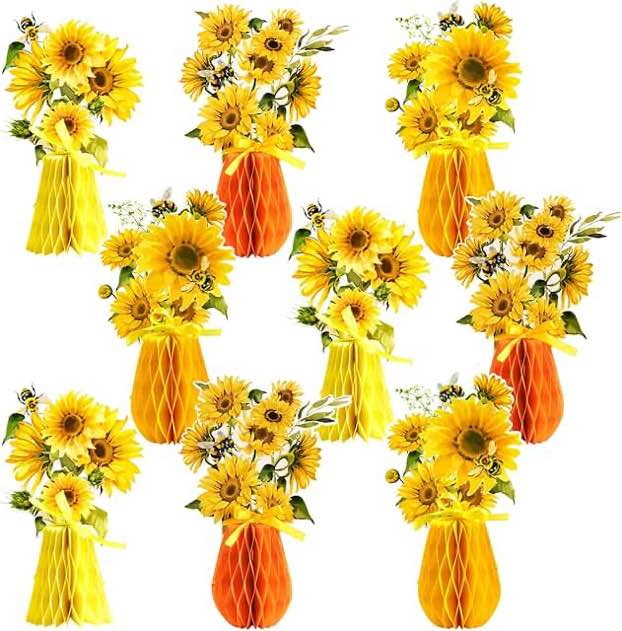 SUNBEAUTY 9 PCS Sunflower Honeycomb Centerpieces Sunflower Party Decorations Yellow Honeycomb Table Centerpiece for Spring Summer Garden Themed Birthday Baby Shower Decor