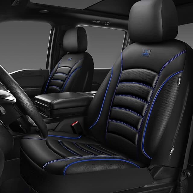 CAR PASS 3D Foam PU Leather Car Seat Covers, Universal Seat Covers Front 2 for Trucks SUV Sedan Automotive Seat Covers Armrest Airbag Compatible Waterproof Comfortable Faux Nappa Leather Black Blue
