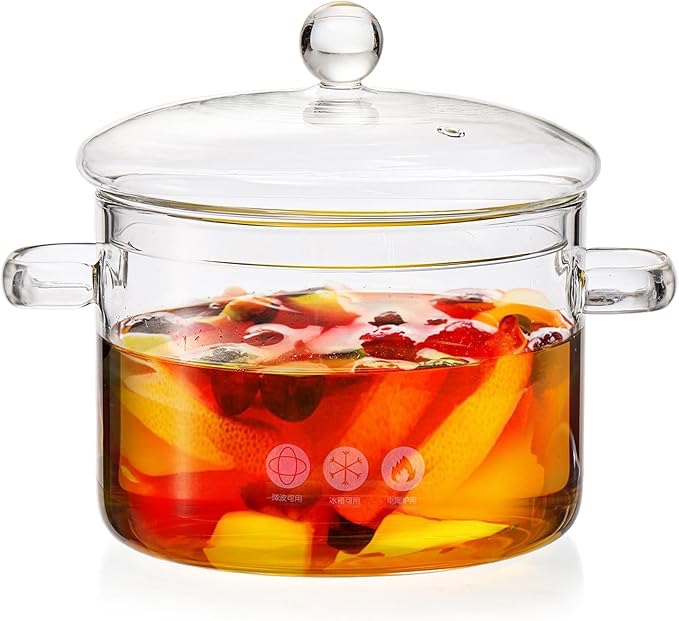 TOPZEA Glass Saucepan with Cover, 2L/67oz Heat-resistant Clear Glass Simmer Pots Cookware, Stovetop Cooking Pot and Pan with Lid & Handle Safe for Pasta Noodle, Soup, Milk, Salad, Christmas Potpourri