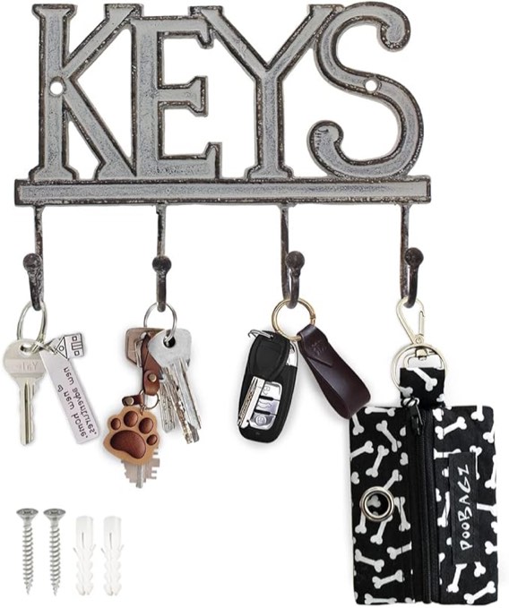 Comfify Key Holder for Wall – Cast Iron Wall Mount Key Rack with 4 Hooks – Entryway Organizer with Vintage Style - 6x10 – Silver Finish