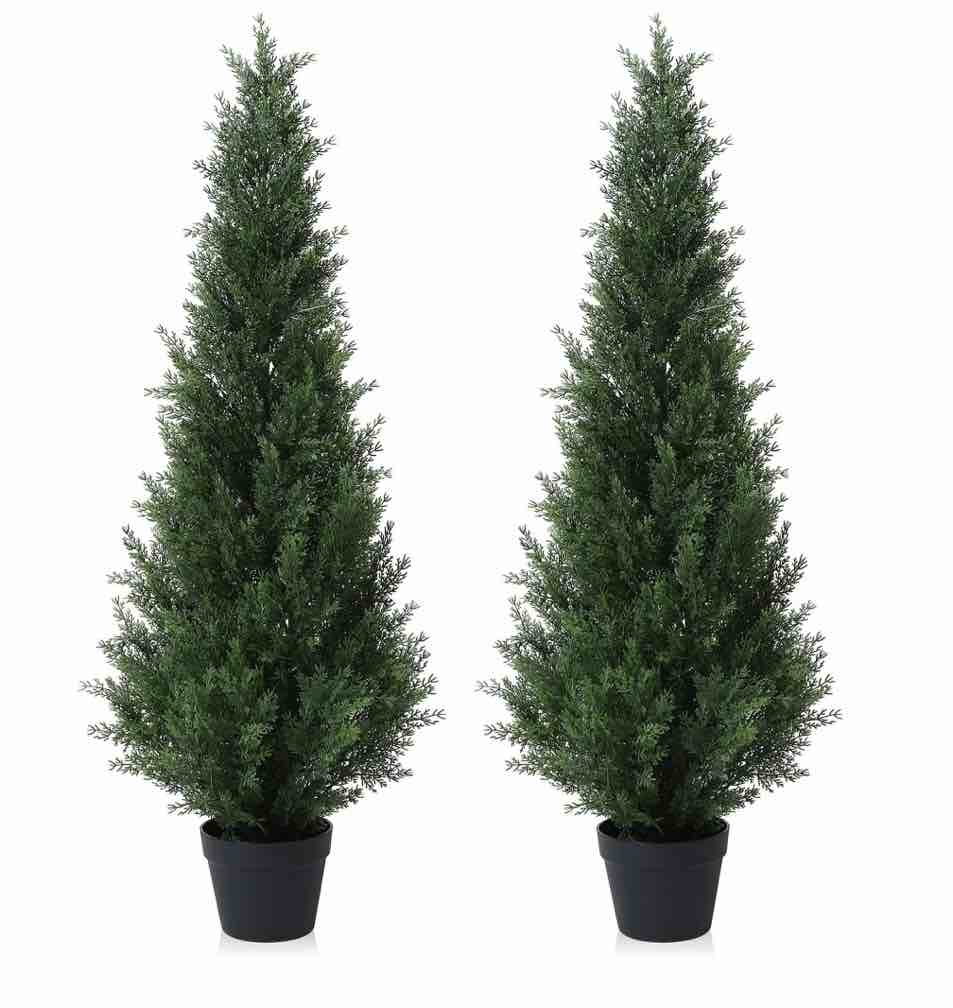 Artificial Cedar Tree 2 Pack 4 ft Outdoor Artificial Topiary Cedar Plants Fake Tree UV Rated Potted Tree for Perfect Housewarming Gift, Set of 2