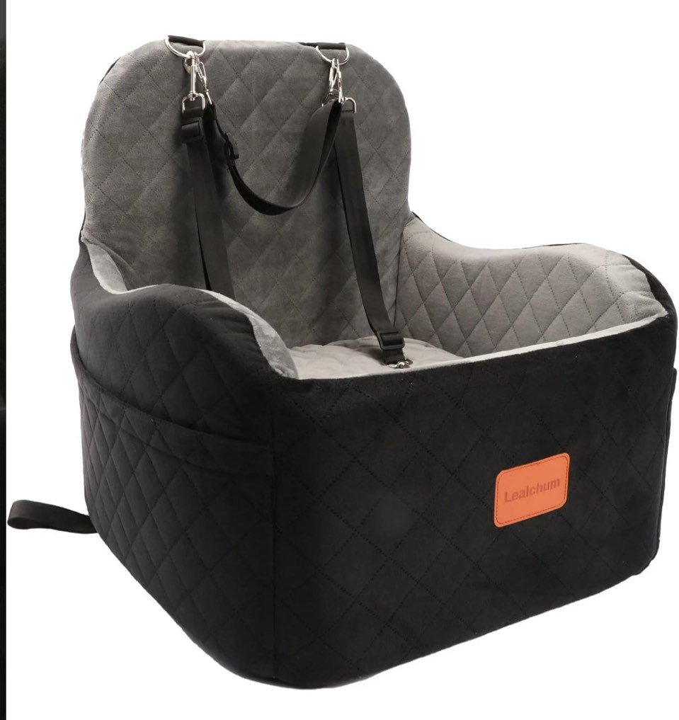 Dog Booster Car Seat for Small/Medium Dogs,Memory Foam Elevated Cushion Car Seat for Dogs,Fully Detachable and Washable Pet Portable Car Seat With 2 Clip-On Safety Leashes(Black/Grey)