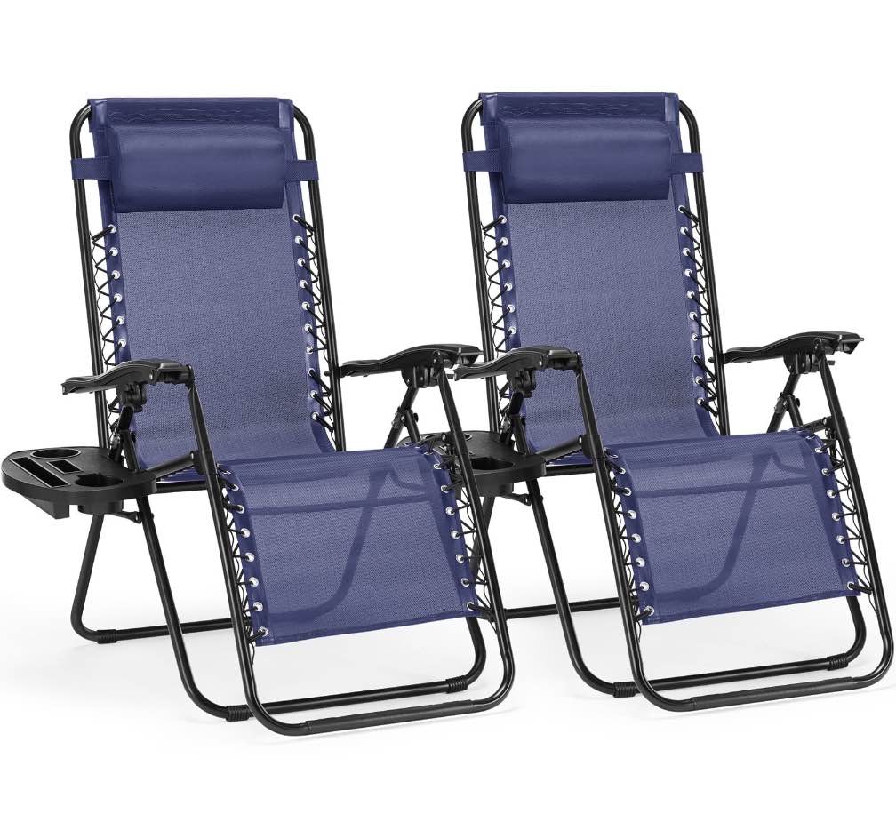 CONCETTA 2PCS Zero Gravity Patio Recliner, Textilene Folding Lounge with Adjustable Pillow & Cup Tray, Blue