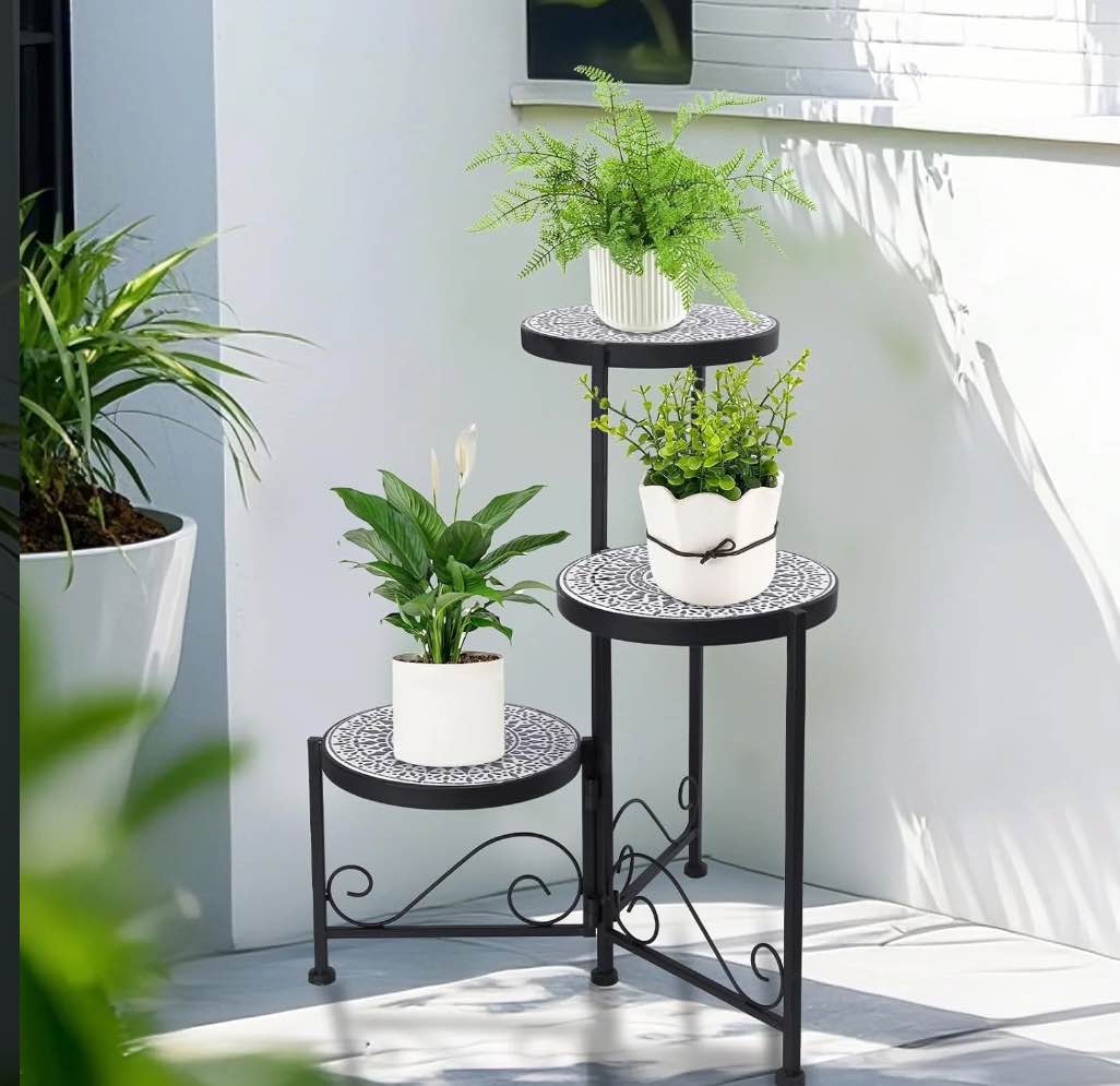 3 Tiers Mosaic Plant Stand Indoor Corner Garden Shelf Flower Stands for Living Room Balcony and Garden Decor Black