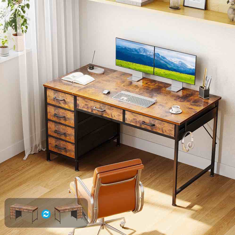 Sofanext 48" Home Office Desk with 6 Drawers, Modern Computer Desk with Small Space, Corner Computer Desk, Vintage