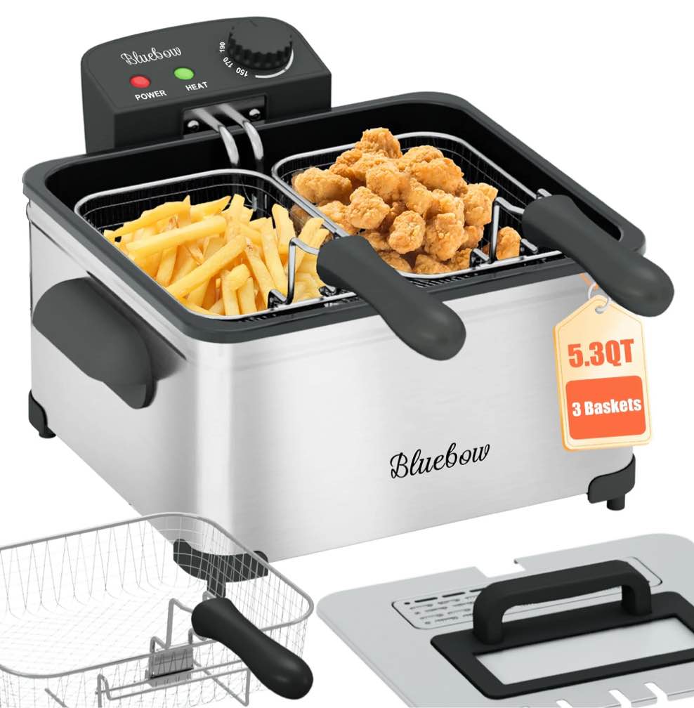 Bluebow Electric 5.3QT Deep Fryer, 1700W Immersion Fryer with 3-Baskets, Adjustable Temperature, Lid with Viewing Window, Stainless Steel