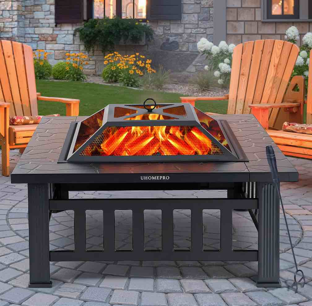 Fire Pits for Outside, 32" Wood Burning Fire Pit Tables with Screen Lid, Poker, BBQ Net, Ice Tray, Food Clip and Cover, Backyard Patio Garden Outdoor Fire Pit/Ice Pit/BBQ Fire Pit, Black