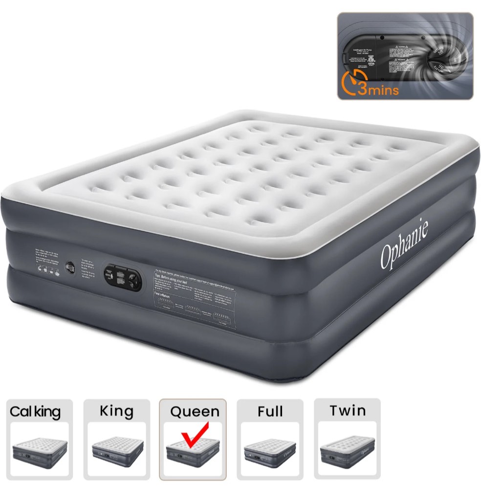 Ophanie Queen Air Mattress, 18-Inch Elevated Inflatable Bed with Built-in Pump, Puncture-Resistant, Quick Inflation/Deflation, Portable for camping & Guests, Dark Gray