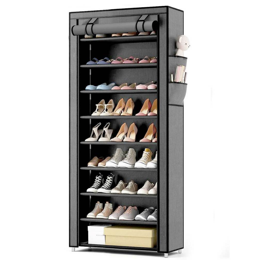 10 Tier Shoe Rack with Covers, Large Capacity Stackable Tall Shoe Organizer Storage, Sturdy Metal Free Standing Shoe Shelf for Closet Entryway Garage