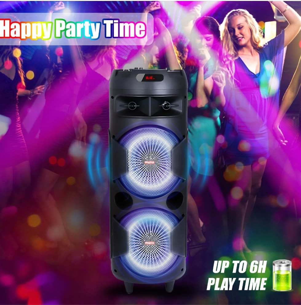BEYGO Portable Party Speaker with Double Subwoofer Heavy Bass Bluetooth 5.0 Wireless Outdoor Speaker with Mic Stereo Sound  for Home Party Travel Support FM Radio Black