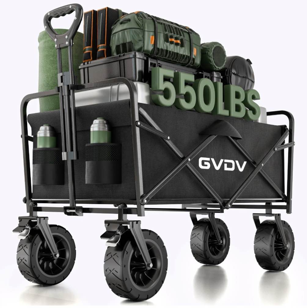 GVDV Collapsible Folding Wagon, 550LBS Large Heavy Duty Utility Cart with All-Terrain Wheels and Adjustable Handles for Shopping, Camping, Sports, Outdoor, Beach, Black