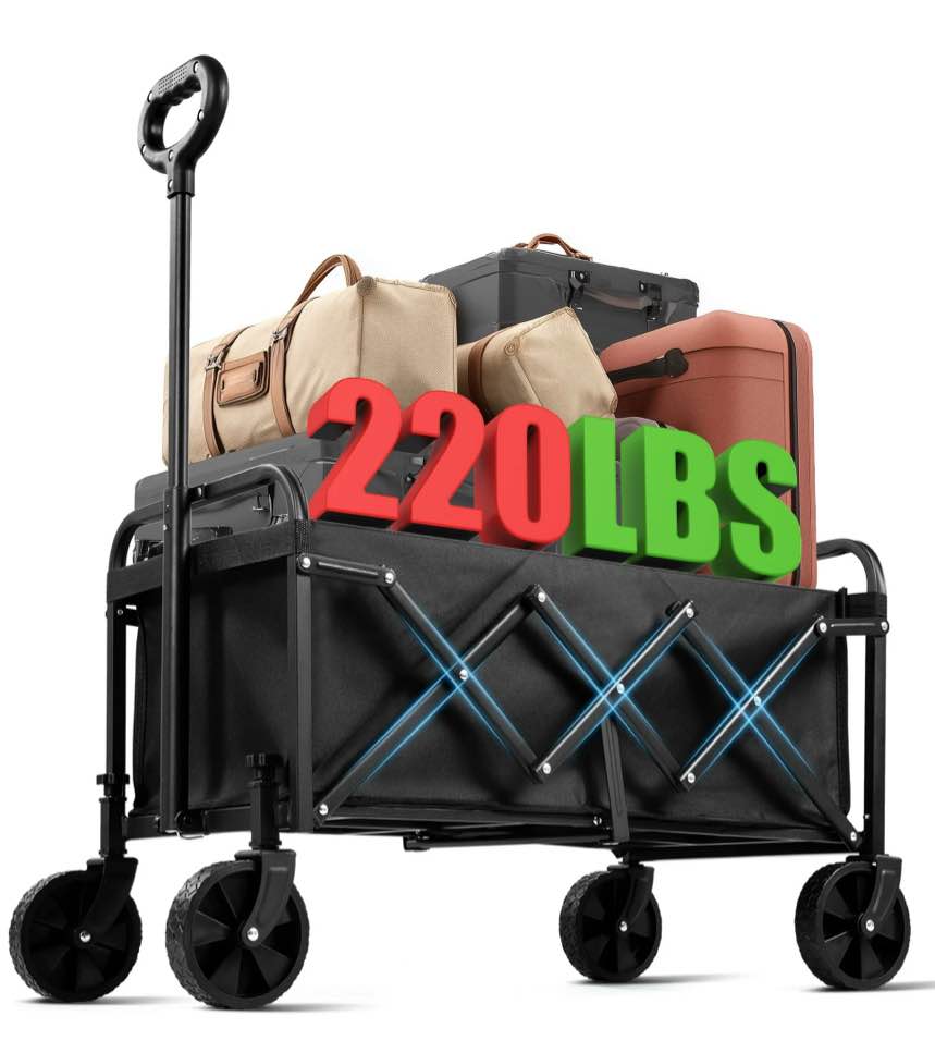 Firstness Collapsible Wagon Cart, Folding Utility Garden Wagon for Camping Beach Picnic Shopping Sports & Grocery, Black