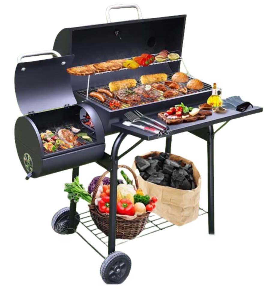 Charcoal Offset Smoker Grill - Family-Size 4-6 Person BBQ with Temperature Control & Portable Wheels