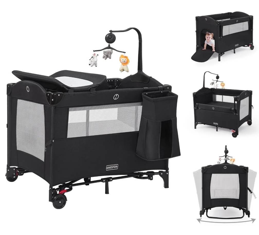 HARPPA 5 in 1 Portable Playard and Bassinet Bedside Sleeper for Newborn to Toddler, Unisex, Black