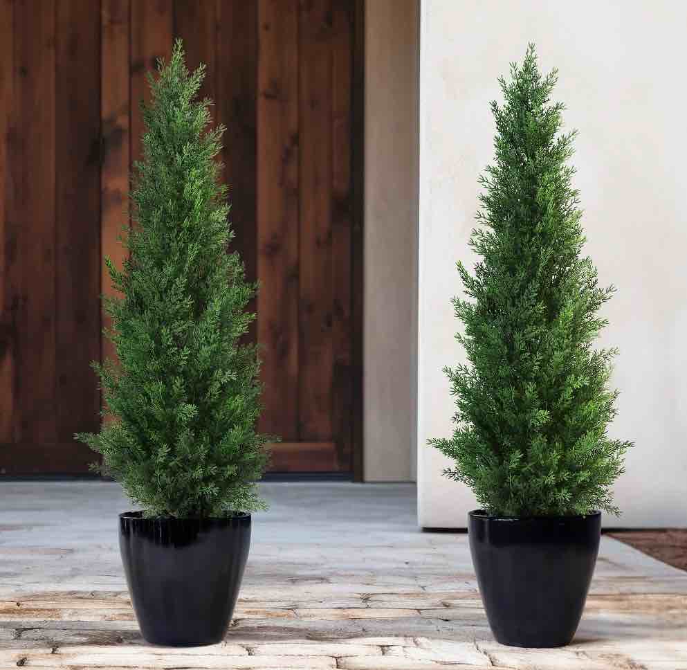 Artificial Cedar Tree 2 Pack 3 ft Outdoor Artificial Topiary Cedar Plants Fake Tree UV Rated Potted Plants for Porch Decor Faux Pine Tree for Perfect Housewarming Gift