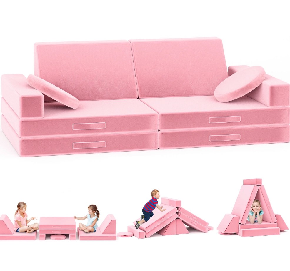 babyeap 10 PCS Customizable Kids Play Foam Couch, Multifunctional Modular Sofa Couch,Kids Toddler Couch,Convertible Foam and Floor Cushion for Boys and Girls,Pink