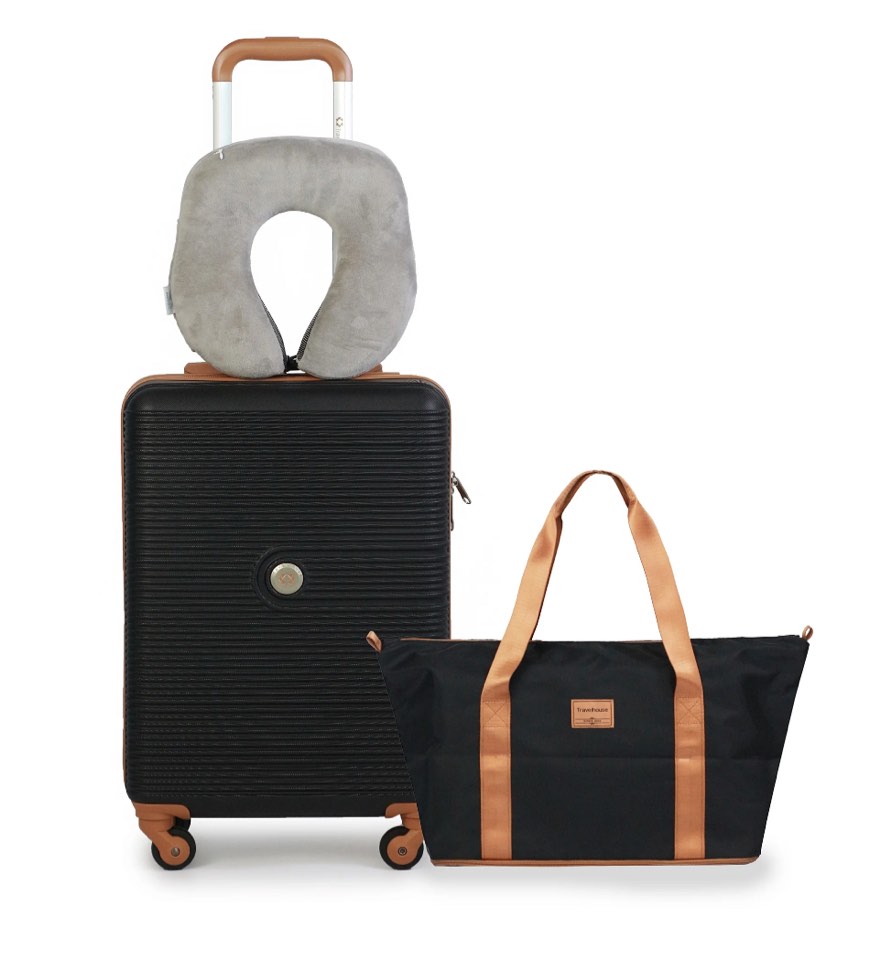 Travelhouse Carry on Luggage Set 3 Piece hardshell TSA Lock Spinner Wheels Suitcase with Travel Bag and Neck Pillow.(Black)