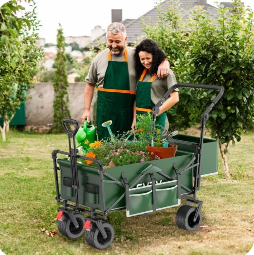 GVDV Collapsible Wagon Cart with Removable Canopy, Foldable Utility Cart with All-terrain Wheels, Versatile Folding Wagon for Kids, Grocery, Shopping and Camping, Green