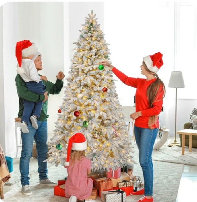 Firstness 6ft Pre-Lit Artificial Christmas Tree with 300 LED Lights,Snow Flocked Xmas Tree