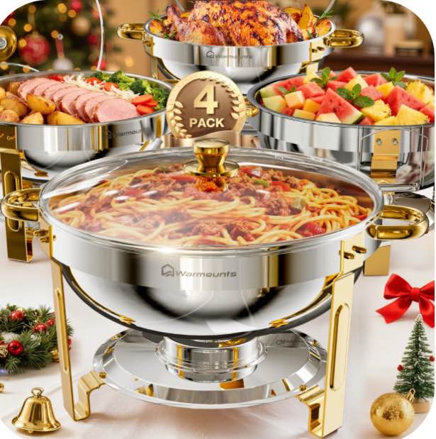 WARMOUNTS Gold Chafing Dish Buffet Set 4 Pack, 5QT Round Stainless Steel Chafers and Buffet Warmers Sets with Glass Lid & Lid Holder for Parties Catering Events, Polished & No Finger Cuts