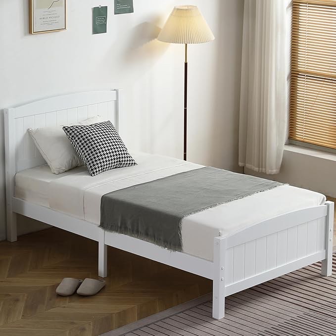 Wood Bedframe Twin Bed Frame with Headboard Bedroom Platform Bed with Footboard, 12 Wood Slat Support, No Box Spring Needed, White