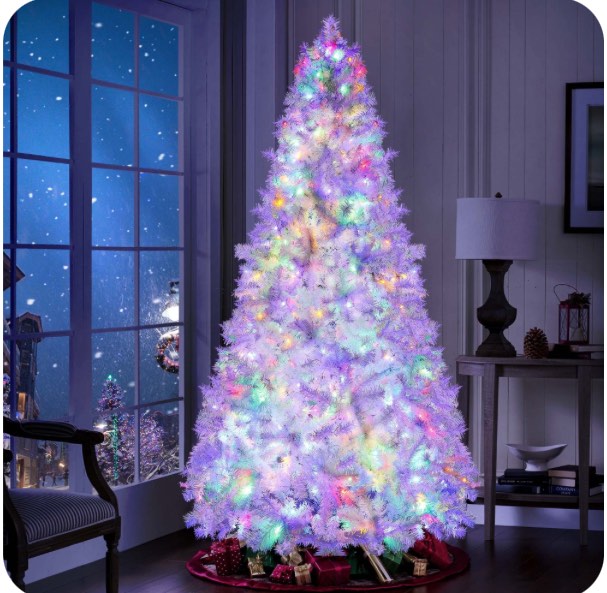 Yexmas Pre-Lit Artificial Christmas Tree,7.5ft White Christmas Tree with 450 Warm White & Multicolor Lights,Xmas Tree for Home, Holiday Party Decorations