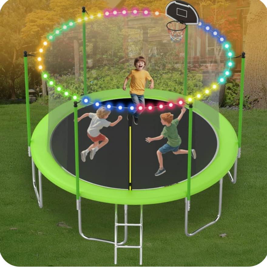 OVATOYS 1400LBS 14FT Trampoline for Adults and Kids,Trampoline with Enclosure,Basketball Hoop, Light,Recreational Trampoline with Ladder, Heavy Duty Trampoline Capacity for 6-7 Kids