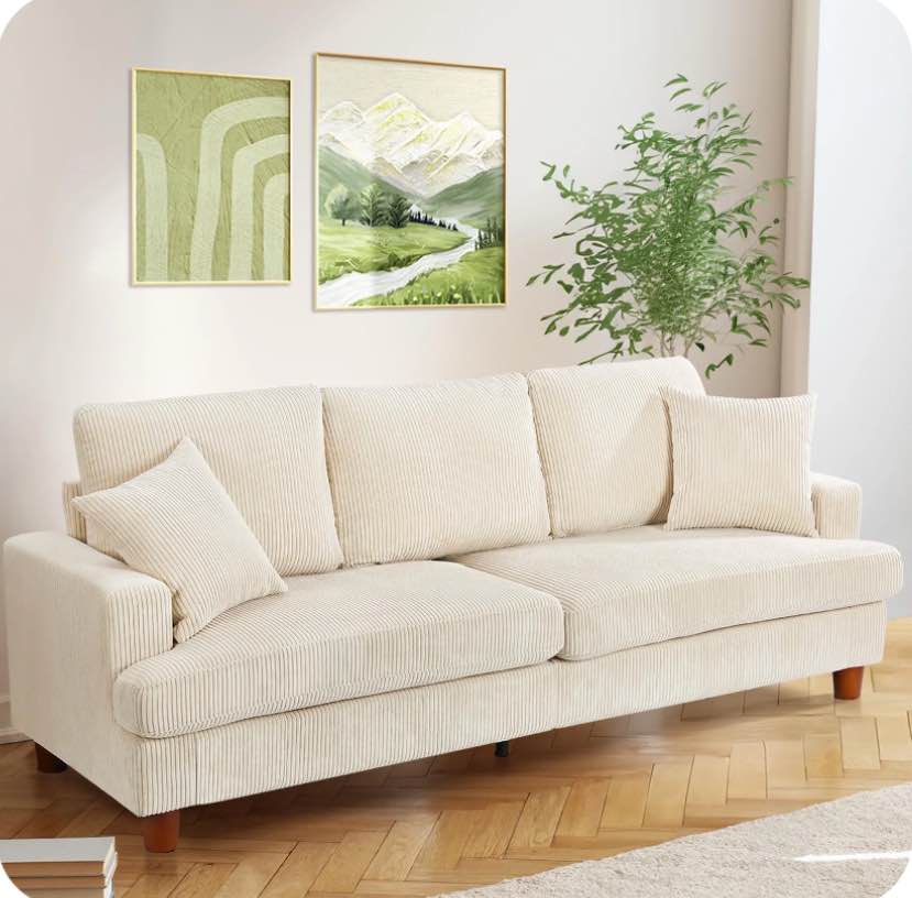 87" Corduroy Sofa,3 Seater Sofa with Extra Deep Seats,Neche Comfy Upholstered Couch for Living Room,2 Pillows,Beige