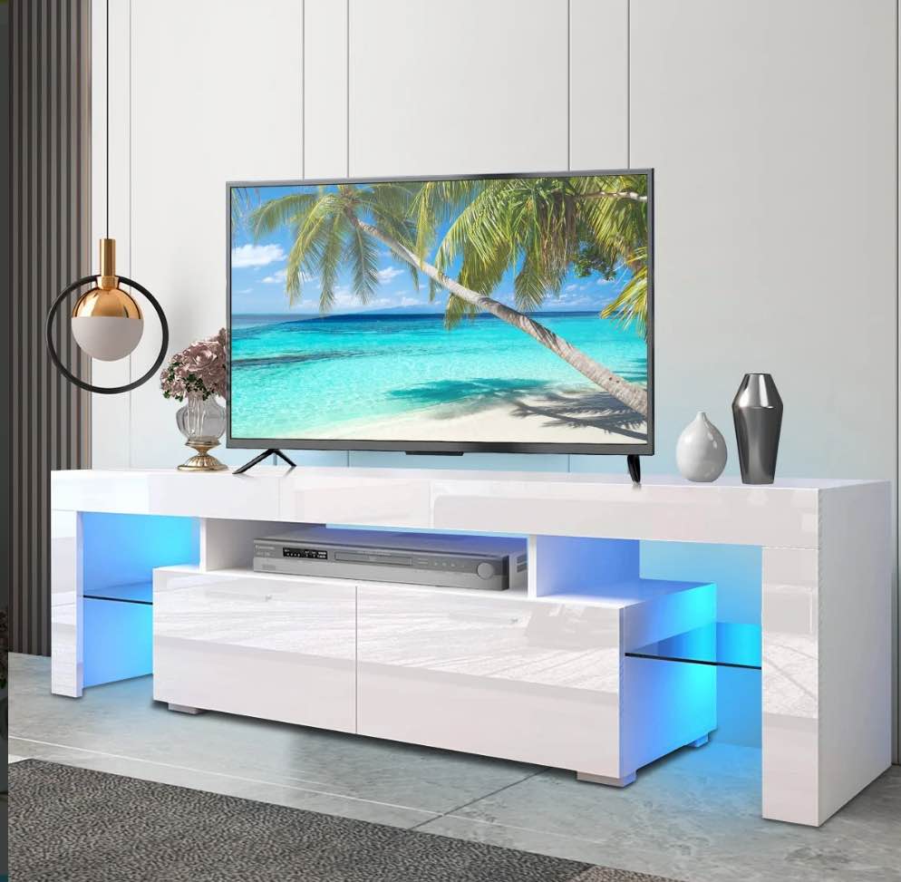 PAPROOS TV Stand for TVs up to 70", High Gloss TV Cabinet with LED Light, Modern TV Console Table with Storage Drawers, Media Television Stand Entertainment Center, White