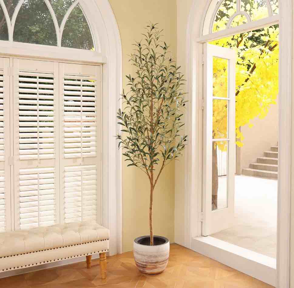 DR.Planzen 7' Artificial Olive Tree Indoor, Tall Faux Olive Tree, Artificial Plants with Natural Wood Trunk and Lifelike Fruits for Home Office Decor