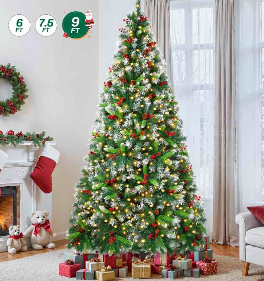 Firstness 9ft Pre-Lit Artificial Christmas Tree,Green Xmas Tree with 2100 Branch Tips 900 LED Lights,Pine Cones + Red Berries