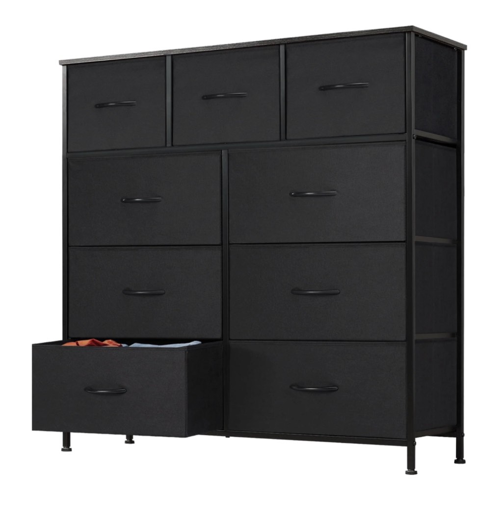 EDX 9 Drawer Dresser, Wide Chest of Drawers Nightstand Storage Tower Storage Fabric Dresser with Wood Top for Living Room, Bedroom, Hallway,Black