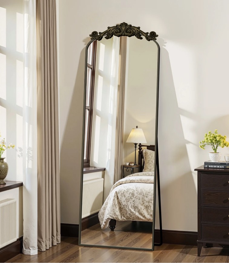 Antok 64"x21" Vintage Arched Full-Length Mirror with Carved Metal Frame, Baroque-Style, Bronze