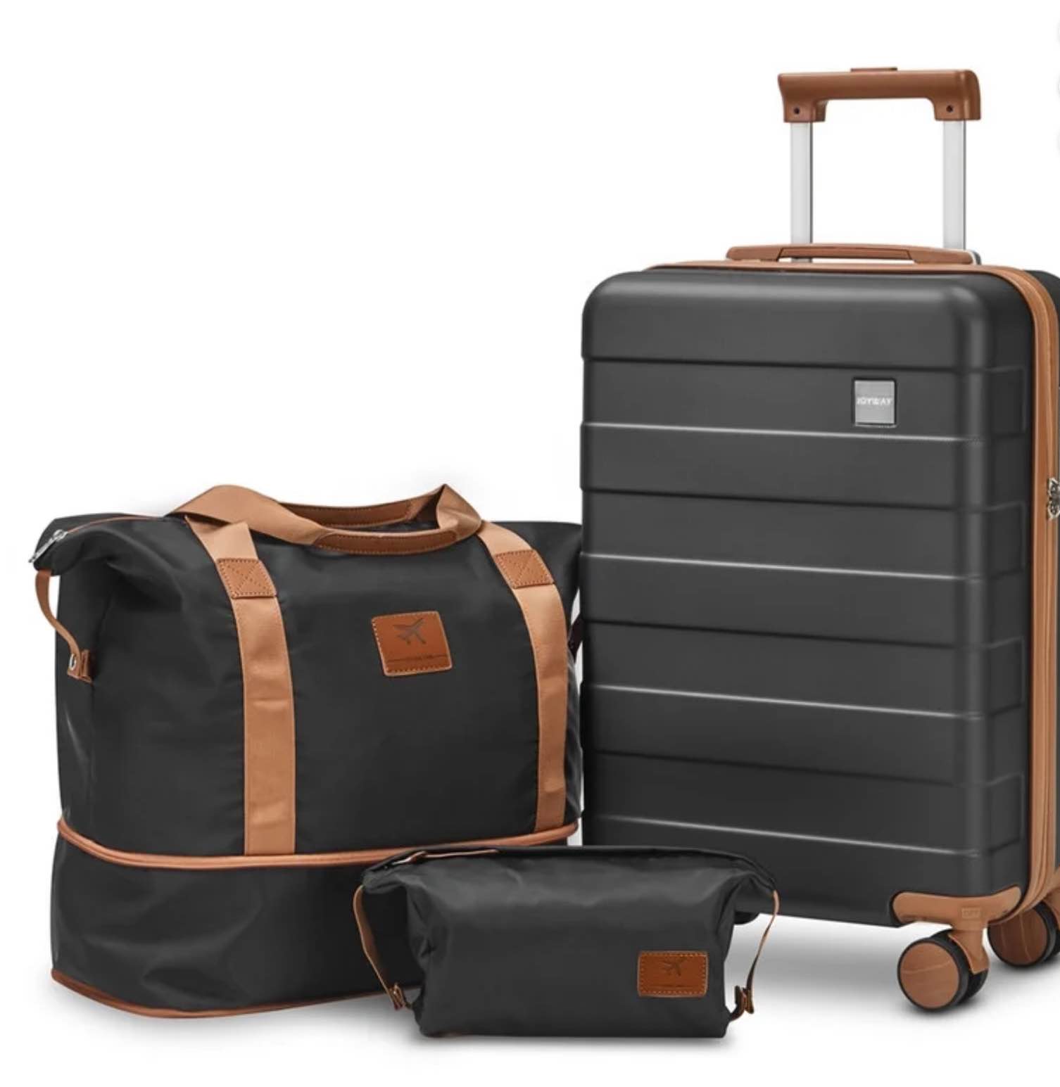 Joyway 3-Piece Luggage Set 20-Inch Carry-On Suitcase with Spinner Wheels TSA Lock Travel Duffel Bag and Toiletry Bag Hardside Lightweight Luggage Black