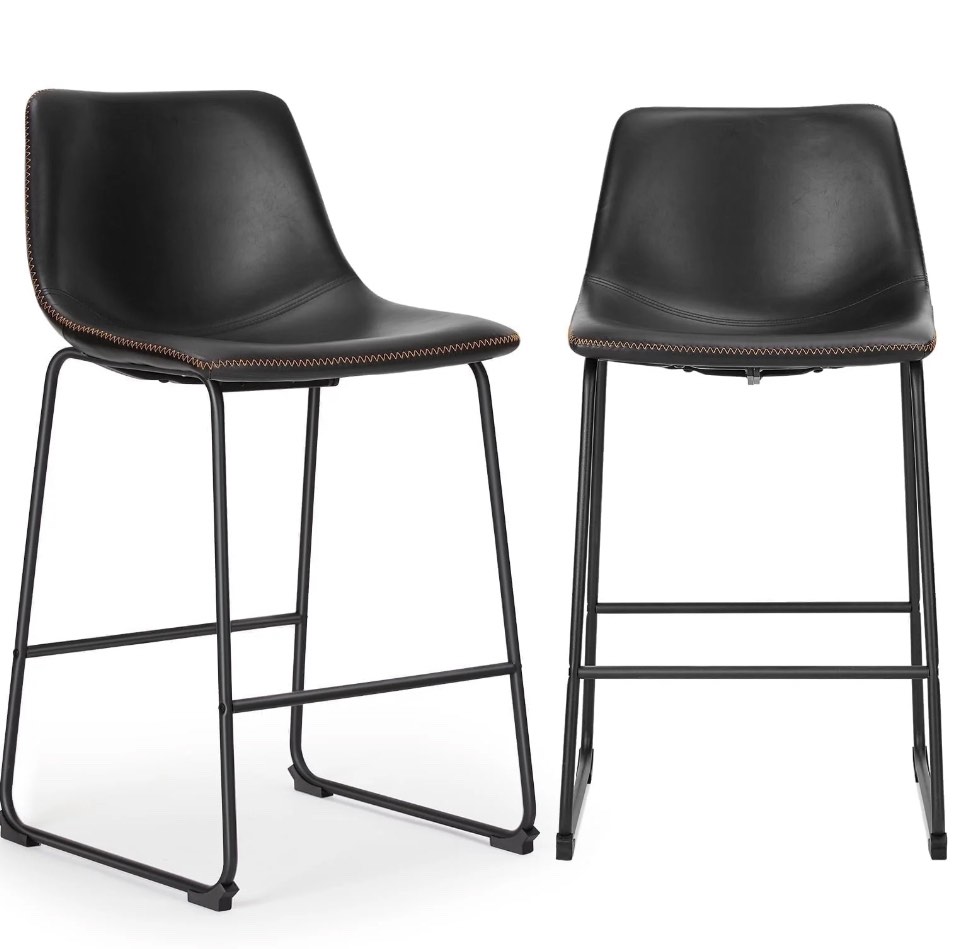 EDX Counter Height Bar Stools Set of 2 With Back and Footrest, Metal Frame, 26 inch, Black