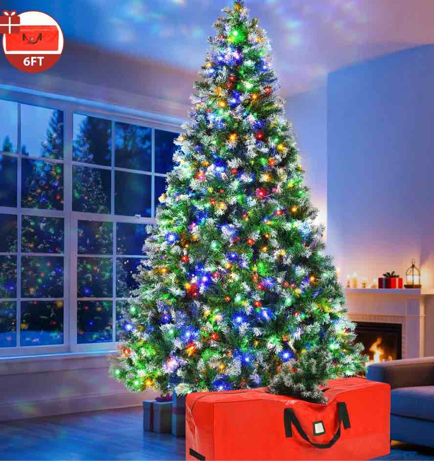 Yexmas 6ft Pre-Lit Green Christmas Tree, 11 Modes Colored LED Lights, Artificial Xmas Tree with Large Storage Bag