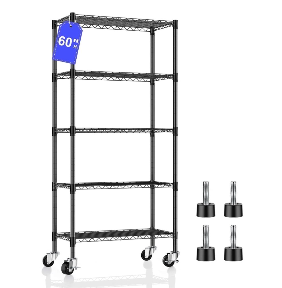 5 Tier Metal Wire Shelving with Wheels, Heavy Duty Adjustable Rolling Storage Shelves, 14"D x 30"W x 60"H 750 lbs Capacity Kitchen Pantry Garage Shelves for Small Spaces
