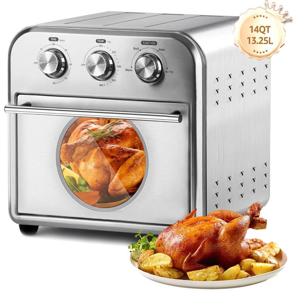 14qt 4-in-1 air fryer toaster oven combo | full stainless steel countertop oven with convection bake, broil, healthy low-oil grill & fast warm