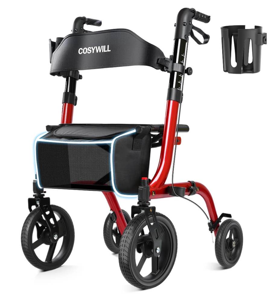 COSYWILL Rollator Walkers with Seat for Seniors, Foldable 10" Big Wheels All Terrain Rolling Walker,Adjustable Handles, Mobility Walker for Seniors,Light Red