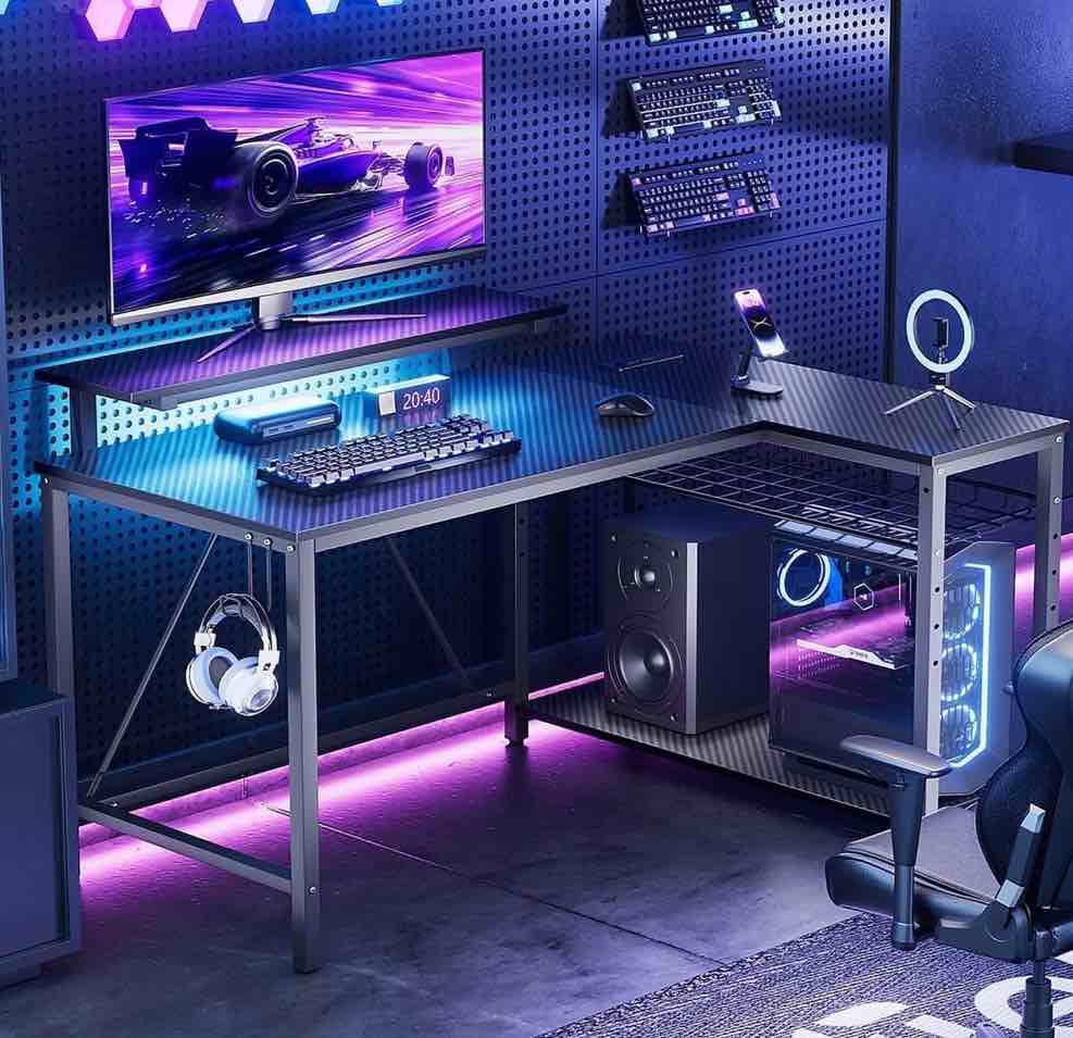 Bestier 42" Reversible L-Shaped Gaming Desk: Equipped with Power Outlets, LED Lights, Adjustable Shelves & Hooks for Small Spaces ,Bedrooms & Offices, Carbon Fiber Black