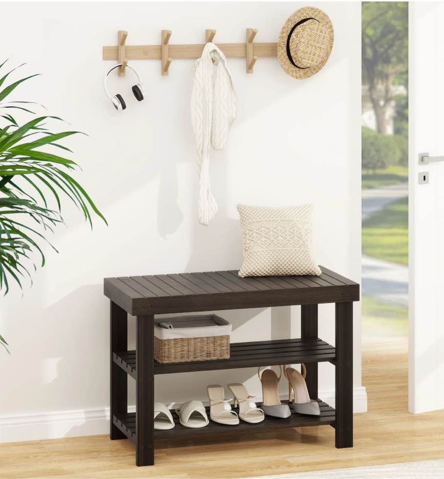 EDX 3-Tier Bamboo Shoe Rack Bench, 11.3 x 27.6 x 17.8 Inches Compact Storage Organizer with 286lb Capacity for Entryway, Bedroom and Living Room, Brown