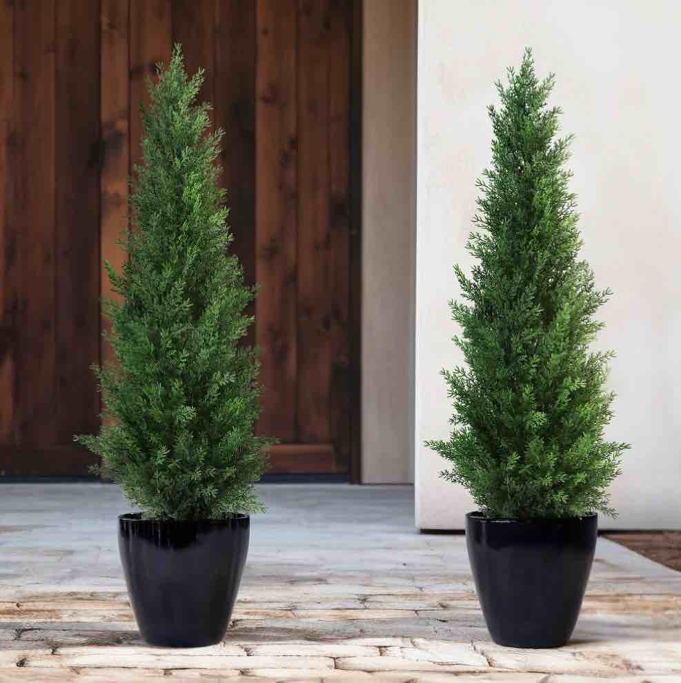 Artificial Cedar Tree 2 Pack 3 ft Outdoor Artificial Topiary Cedar Plants Fake Tree UV Rated Potted Plants for Porch Decor Faux Pine Tree for Perfect Housewarming Gift